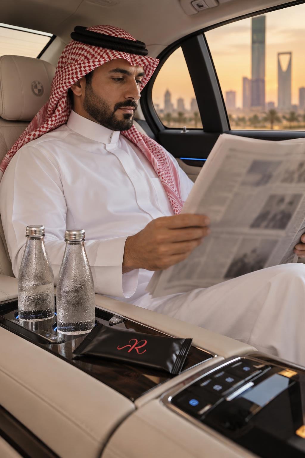 A Saudi Businessman is inside the car reading paper and look satisfied.