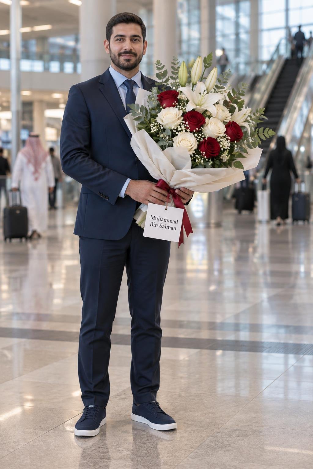 well dressed chauffeur is waiting for the guest inside the terminal with bouquet of the flower for greeting.