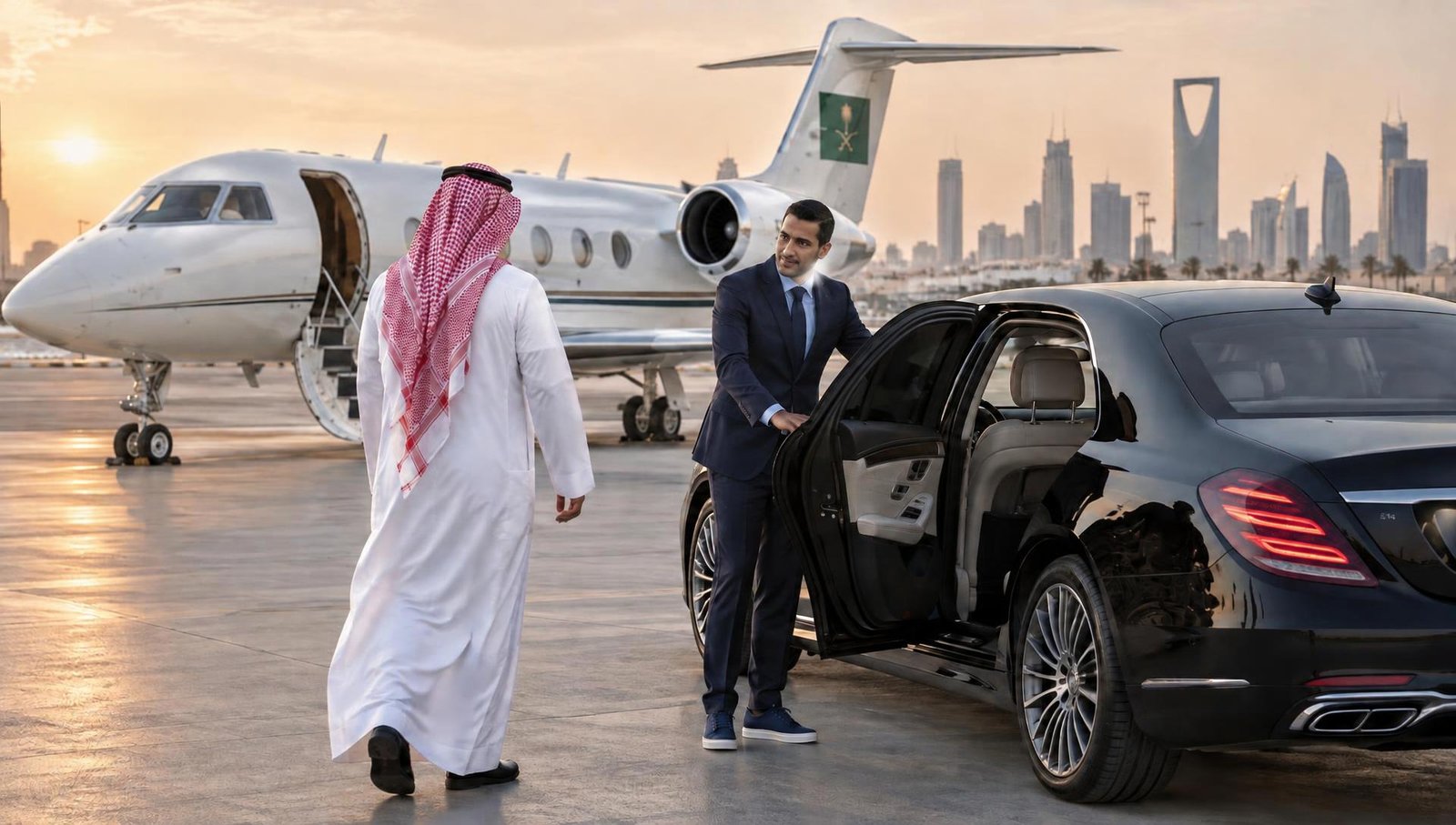 Pro Chauffeur is receiving his guest from the private aviation yard.